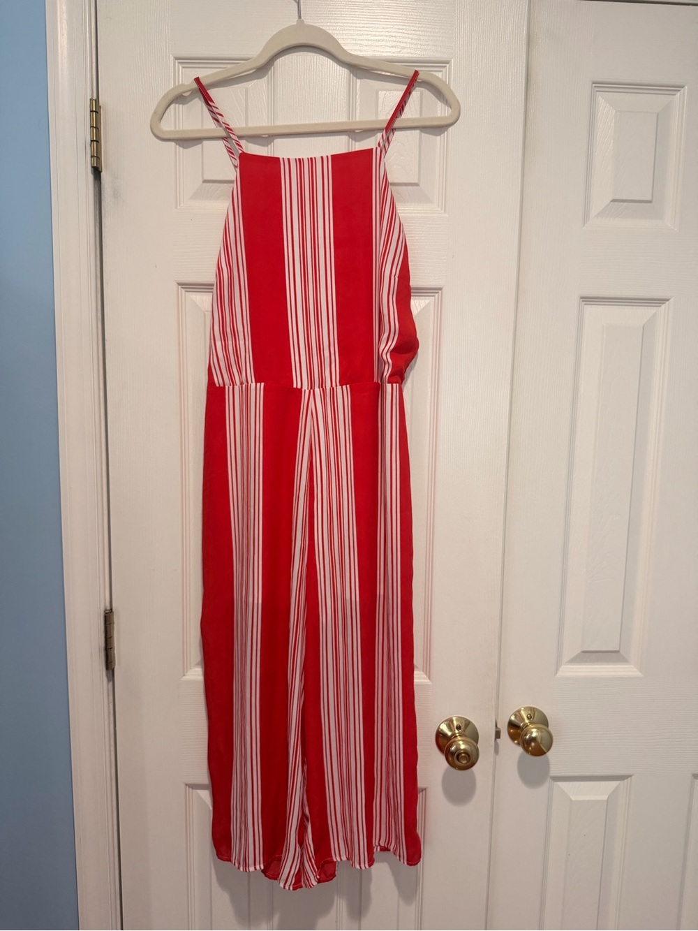 Love, Fire Red & White Striped Wide Leg Jumpsuit – Size Large - Picture 2 of 5